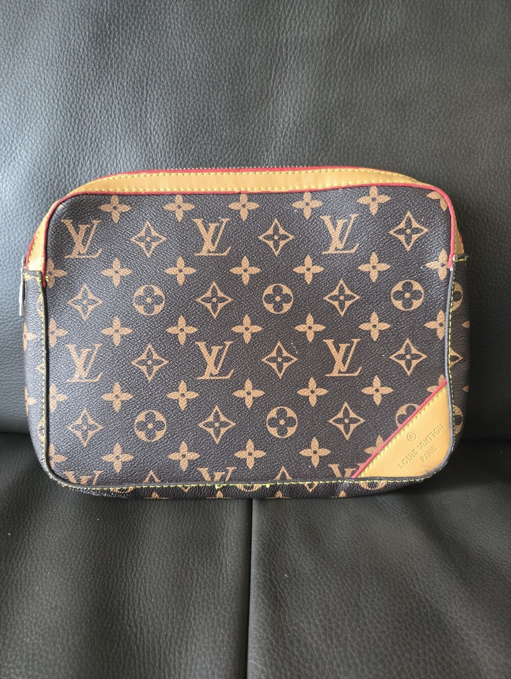 Inspired Monogram Canvas Cosmetic Pouch in Brown and Tan
